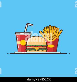 Lunch - A burger and French Fries with A cup of Soft Drink - vector cartoon illustration - Fast food, Junk Food, Lunch Illustration Stock Vector