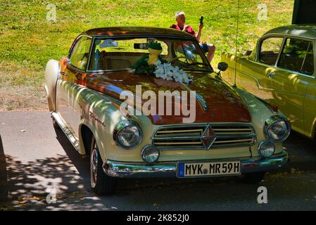 BADEN BADEN, GERMANY - JULY 2022: beige brown Borgward Isabella 1954, oldtimer meeting in Kurpark. Stock Photo