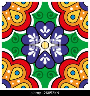 Mexican talavera floral tile design vector single and seamless pattern, decorative vibrant background with flowers and swirls Stock Vector