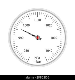 Realistic illustration of a round barometer with a white plastic circular frame. Arrow for pressure measurement and scale with numbers - vector Stock Vector