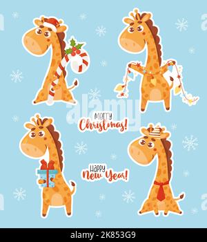 Collection stickers with Christmas giraffes. Cute animal with gift, garland, caramel candy cane and inscriptions Merry Christmas and Happy New Year. I Stock Vector
