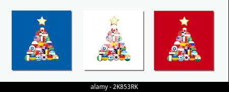 Christmas tree with national flags, world peace without wars. Vector illustration, greeting card set Stock Vector