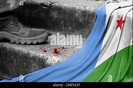 The leg of the military stands on the step next to the flag of Djibouti, the concept of military conflict Stock Photo