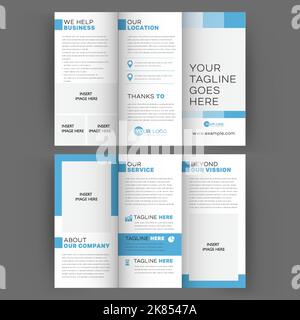 Blue template trifold brochure clean flat design, for marketing, corporate, information, promotion. Vector design background. Add information A4. Stock Vector