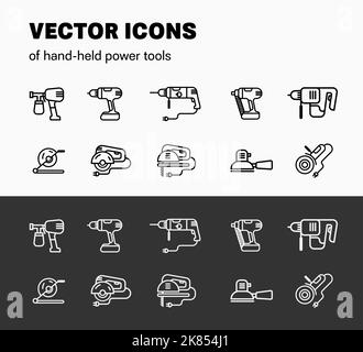 Vector linear graphics, illustration of hend-held power tools, isolated white elements on a black background and black on white. Icon design for instr Stock Vector