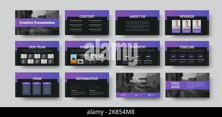 Vector slide template with purple elements on black background, creative presentation ui design for statistics, annual report. Set of booklets with in Stock Vector