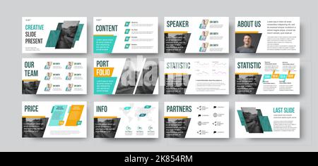 Presentation slide for annual report in green, orange color with geometric illustration. Vector infographics for business concept, informative booklet Stock Vector