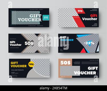 Black gift voucher template with colored geometric elements, realistic shadows, standard size coupon. Set of vector promo cards with place for photo a Stock Vector