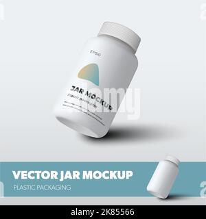 Jar vector template with lid, plastic packaging with realistic shadows, for presentation design, pattern. Mockup bottle for organic product, vitamin, Stock Vector