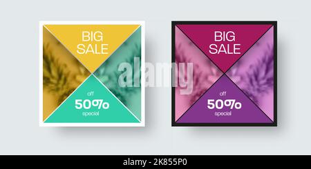 Square social media post presentation with triangular design, in yellow, green, purple colors. Vector flyer template for newsletter special offer, dis Stock Vector