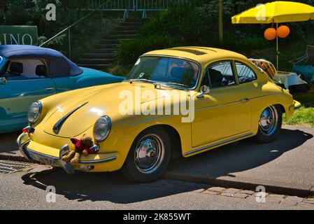 BADEN BADEN, GERMANY - JULY 2022: yellow PORSCHE 356 1948 coupe, oldtimer meeting in Kurpark. Stock Photo