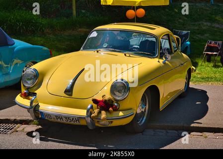 BADEN BADEN, GERMANY - JULY 2022: yellow PORSCHE 356 1948 coupe, oldtimer meeting in Kurpark. Stock Photo