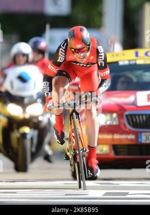 Cadel Evans of team BMC crosses the finish line in 13th place remaining ...