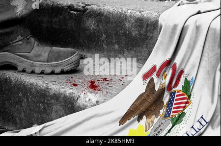 The leg of the military stands on the step next to the flag of State of Illinois, the concept of military conflict Stock Photo