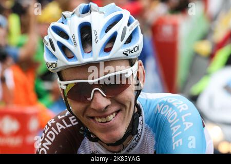France's Romain Bardet Team AG2R La Mondiale wins the stage crossing the finish line a becoming the first French rider to win a stage this year in Saint Gervais Mont Blanc -  Stage 19 - Tour de France 2016 Stock Photo