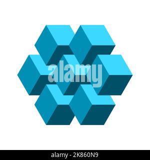 Diamond shaped object made of cubes. 3D Hexagon geometric shape. Mathematics concept. Isometric block figure. Logo design template. Seven elements Stock Vector