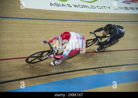 Denis Dmitriev of Russia, winner of the men's sprint over Ethan Mitchell of New Zealand  Stock Photo
