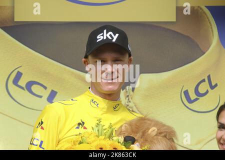 British Chris Froome of Team Sky celebrates on the podium in the yellow jersey of leader in the overall ranking after the 11th stage of the Tour de France Stock Photo
