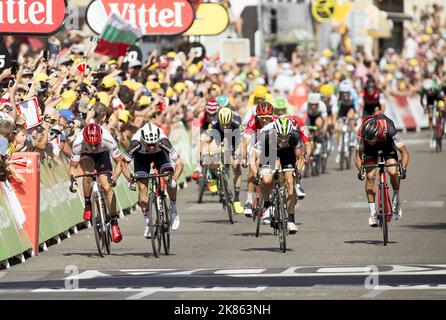 Australia's Michael Matthews (2nd from left team Sunweb wins the stage in a sprint finish in Romans-Sur-Isere in a photo finish with Norway's Edvald Boasson Hagen coming second (2nd from right) and Germany's John Degenkolb in third place (left) with Belgium's Greg Van Avermaet in 4th position (right) for the 16th stage of the Tour de France 2017 Stock Photo