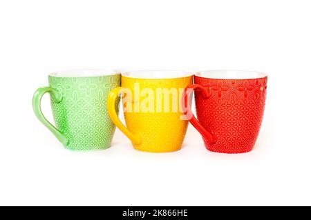 Line of three colorful cups isolated on white background Stock Photo