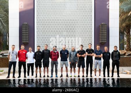 Alexander Kristoff, Rui Costa, Nacer Bouhanni, Andre Greipel, Greg Van Avermaet, Nathan Haas, Bryan Coquard, Alexey Lutsenko, Niki Terpstra, and Brendan McNulty line up and are interviewed by international media before the start of the race in Muscat.  Stock Photo