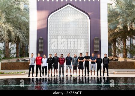 Alexander Kristoff, Rui Costa, Nacer Bouhanni, Andre Greipel, Greg Van Avermaet, Nathan Haas, Bryan Coquard, Alexey Lutsenko, Niki Terpstra, and Brendan McNulty line up and are interviewed by international media before the start of the race in Muscat.  Stock Photo