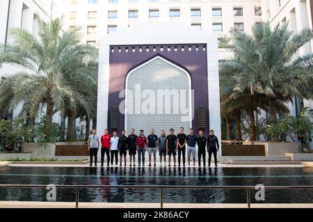 Alexander Kristoff, Rui Costa, Nacer Bouhanni, Andre Greipel, Greg Van Avermaet, Nathan Haas, Bryan Coquard, Alexey Lutsenko, Niki Terpstra, and Brendan McNulty line up and are interviewed by international media before the start of the race in Muscat.  Stock Photo