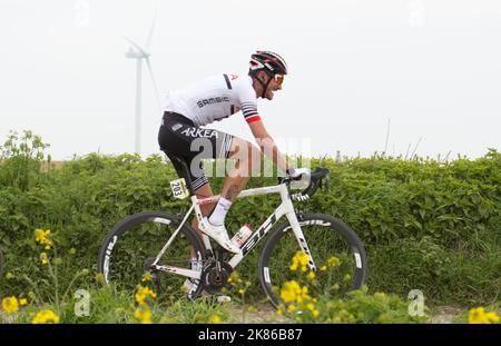 Brice Feillu for Arkea Samsic amongst the chasing group during the second cobbled stage of racing Briastre a Viesly during the Paris - Roubaix race in Paris, France on April 14, 2019. Stock Photo