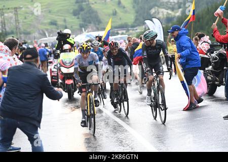 CARAPAZ Richard (ECU) of INEOS GRENADIERS , VINGEGAARD Jonas (DEN) of JUMBO - VISMA  followed by KELDERMAN Wilco (NED) of BORA - HANSGROHE  on the final climb during stage 9 of the Tour de France 2021, Cluses to Tigne. Stock Photo