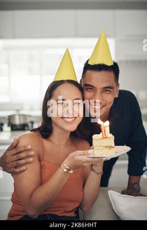 Young man with piece of birthday cake on beige background Stock Photo ...