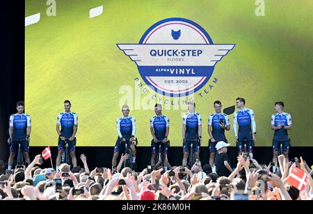 (From left to right) Florian Senechal of France and Quick-Step Alpha Vinyl Team, Mattia Cattaneo of Italy and Quick-Step Alpha Vinyl Team, Mikel Honore of Denmark and Quick-Step Alpha Vinyl Team, Andrea Bagioli and Quick-Step Alpha Vinyl Team, Michael Morkov of Denmark and Quick-Step Alpha Vinyl Team, Yves Lampaert of Belgium and Quick-Step Alpha Vinyl Team, Kasper Asgreen of Denmark and Quick-Step Alpha Vinyl Team and Fabio Jakbosen of the Netherlands and Quick-Step Alpha Vinyl Team, seen on stage during the Team Presentations ahead of the Tour De France in Copenhagen Stock Photo