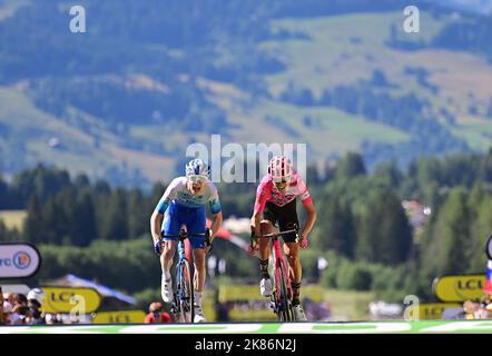 Stage winner Magnus Cort Nielsen (EF Education-EasyPost) , Nicholas Schultz (Team BikeExchange-Jayco) fight it out on the finish line in the  Tour De France, Stage 10, France, 12th July 2022, Credit:Pool/Goding Images/PA Images Stock Photo