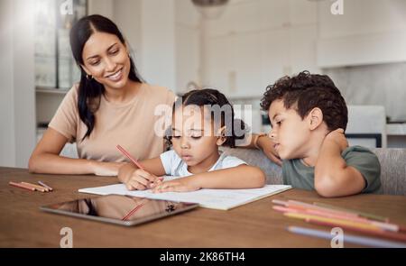 Education, mom and helping children with homework sitting at table, writing and drawing. Teaching, learning and mother with boy and girl to help with Stock Photo