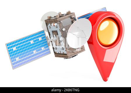 Map pointer with satellite, 3D rendering isolated on white background ...