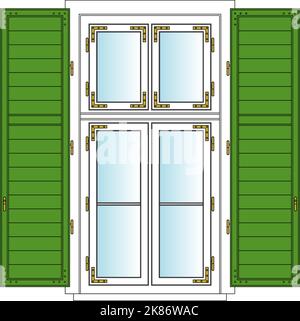 Historic Window with Shutters, White Laquered, Green Shutters, Brass Hardware, 1900, European Style, Mediterranean Style Stock Vector