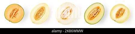 Various Melon halves isolated on white background, top view Stock Photo