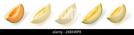 Various Melon slices isolated on white background, front view Stock Photo