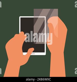 Illustration of how to put the Safety Glass on the Smartphone Touch Screen Stock Vector