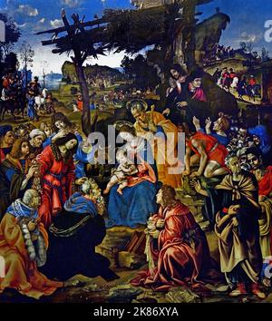 Adoration of the Magi Filippino Lippi (Prato 1457 c. – Florence 1504) , Florence, Italy. Adoration, Magi,  (Adoration of the Kings , Nativity of Jesus, Three Magi, represented as kings, found Jesus by following a star, lay before him gifts of gold, frankincense, and myrrh, and worship him, Stock Photo