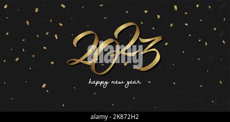 golden happy new year 2023 greeting card banner with confetti, vector illustration Stock Vector