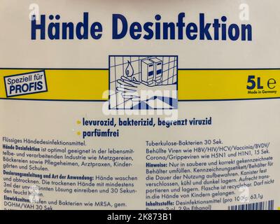 Nuremberg, Germany - March 03, 2022: Hands sanitizer on a shelf. Hands sanitizer Translation: Hände Desinfektions Stock Photo