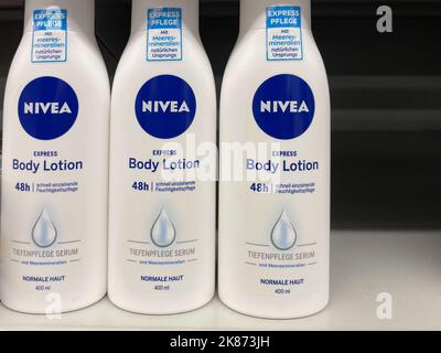 Nuremberg, Germany - March 03, 2022: Nivea cosmetic products on shelf for sale on the supermarket. Stock Photo