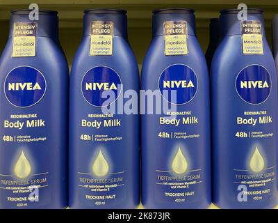 Nuremberg, Germany - March 03, 2022: Nivea cosmetic products on shelf for sale on the supermarket. Stock Photo