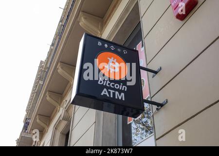 A sign for a Bitcoin ATM site in Barcelona, Spain Stock Photo