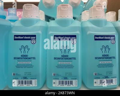 Nuremberg, Germany - March 03, 2022: Sterillium hand sanitizer in plastic bottleon a shelf. Stock Photo