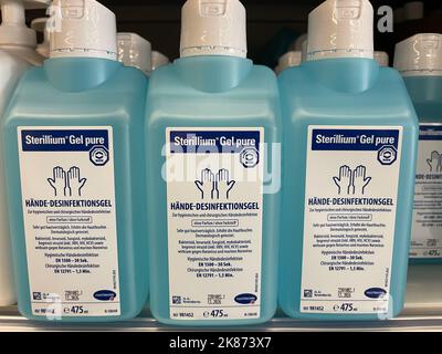 Nuremberg, Germany - March 03, 2022: Sterillium hand sanitizer in plastic bottleon a shelf. Stock Photo