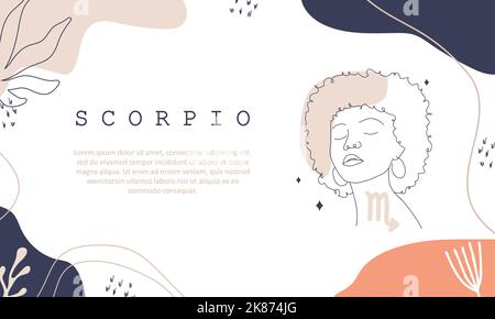 Scorpio zodiac sign. One line drawing. Astrological icon with abstract woman face. Mystery and esoteric outline background. Astrology horizontal Stock Vector