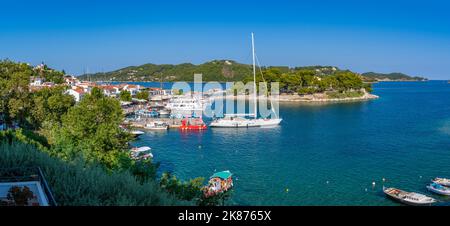 View of boats in the Old Port from above, Skiathos Town, Skiathos Island, Sporades Islands, Greek Islands, Greece, Europe Stock Photo