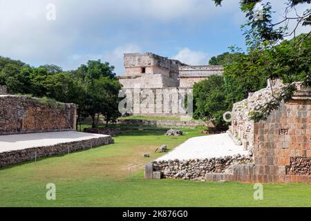 The Maya archeological site of Uxmal in Yucatan, Mexico. Mayan ruins with the Ballcourt and the Governor's Palace as attractions for tourism and trave Stock Photo