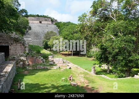 View of the Maya archeological site of Uxmal in Yucatan, Mexico. Mayan ruins with the Grand Pyramid as old building for tourism and travel Stock Photo